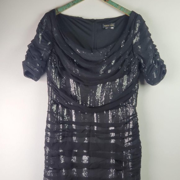 Tadashi Shoji Black Ruched Silk Layered Sequin Coc - Picture 2 of 14